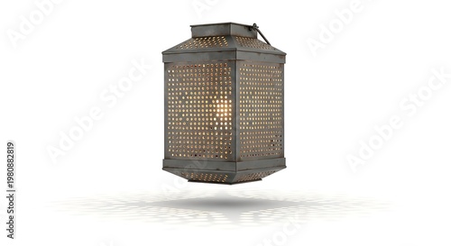 Rustic metal lantern with perforated design and warm interior lighting, isolated on white background