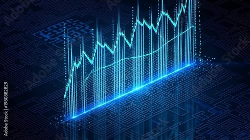 Futuristic glowing digital graph showing financial data growth in a connected network.