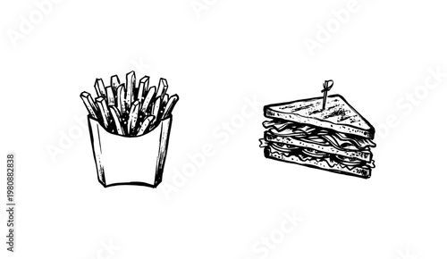 Fast Food and Takeaway Meal Elements with Inky Brush Strokes and Hand-Drawn Sketchy Aesthetic