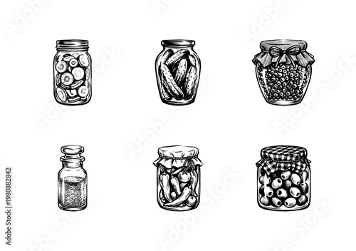 Preserved Food Jars and Homemade Canned Goods with Hand-Drawn Engraving Style in Organic Sketchy Style
