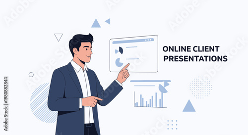 Man presenting online client presentations with charts and graphs