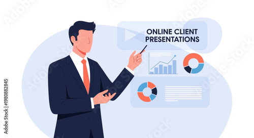 Man presenting online client presentations with charts and graphs