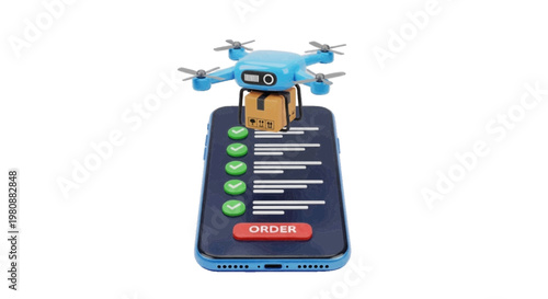 Vector illustration of 3d illustration of a delivery drone carrying a package over a smartphone on a transparent background