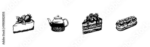 Classic Bakery Pastries and Teatime Refreshments with Hand-Drawn Inky Doodle and Organic Sketchy Aesthetic