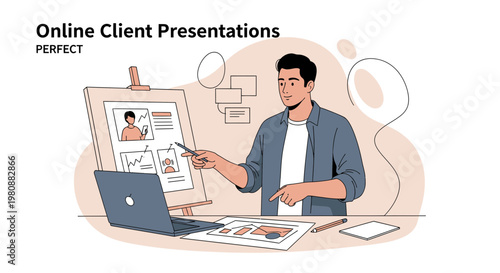 Man presenting online client presentations with laptop and easel