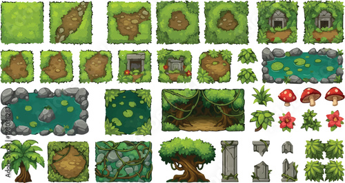 Jungle game tileset with 2D platformer environment assets, tropical forest level design elements, green mossy stone and foliage vector kit for video games