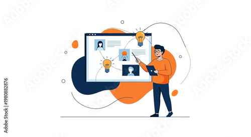Man presenting online meeting with ideas and teamwork on screen, flat illustration