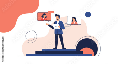 Man presenting online meeting with remote colleagues on screen, digital communication concept
