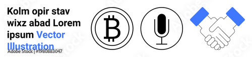 Cryptocurrency, blockchain, collaboration, digital communication, technology, online business. Bitcoin symbol, microphone icon handshake. Cryptocurrency and collaboration concept