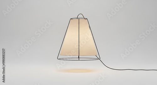 Minimalist modern pendant lamp with a conical fabric shade and black wire frame isolated on white background