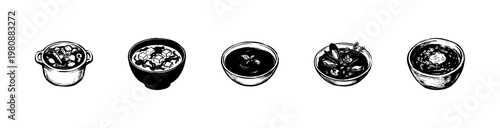 Gourmet Soups and Hearty Stew Bowls with Hand-Drawn Inky Brush Strokes and Organic Calligraphic Outlines