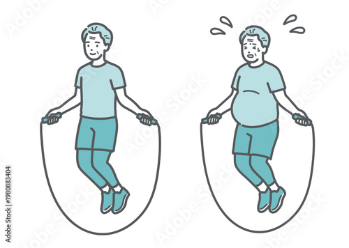 縄跳びをする標準体型とぽっちゃり体型のシニア男性の比較セットイラスト