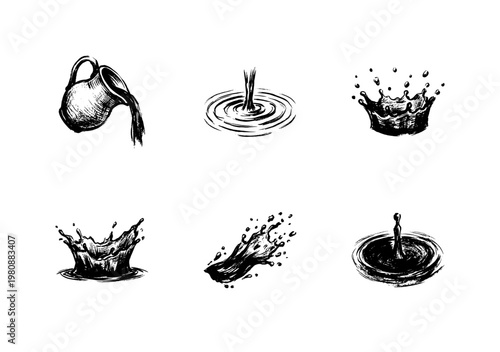 Liquid Splashes and Pouring Milk Stream Elements with Fluid Engraving Style and Hand-Drawn Sketchy Style