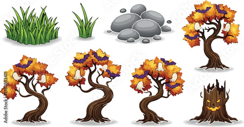 Halloween nature vector set with spooky autumn trees, orange fall foliage, haunted ghost decorations, creepy jack-o-lantern tree stump, rocks and grass