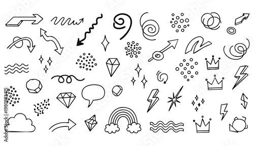 Sketch line arrow element, star, heart shape. Hand drawn doodle sketch style circle, cloud speech bubble grunge element set. Arrow, star, heart brush decoration. Vector