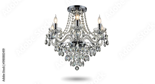 Elegant crystal chandelier with chrome finish and multiple light bulbs isolated on white background