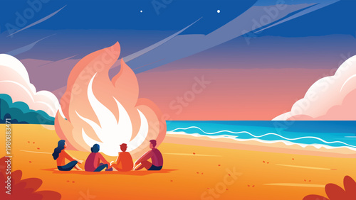 Beach Bonfire Night Scene Vector Illustration of
