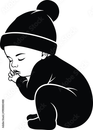 Black and white of a baby wearing a hat sleeping peacefully infant child