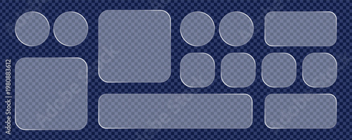 Assortment of transparent clear glass buttons and rounded frames displayed on a subtle checkered grid