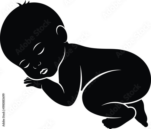 Black silhouette of a sleeping baby curled on its side infant child