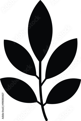 Black silhouette of a stylized plant stem with five leaves leaf white