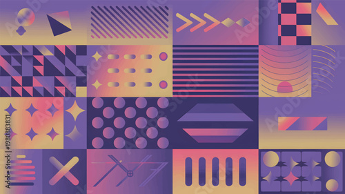 Geometric grid pattern with gradient shapes, triangles, circles, lines, and stars in purple and gold