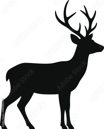 Black silhouette of a stag with large antlers standing on a white background deer animal
