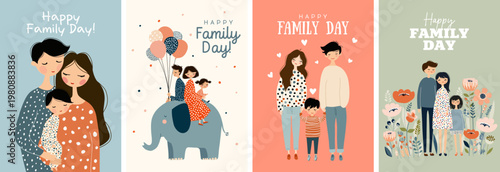 Parents and kids share happiness. Togetherness captured in cheerful pastel scene. Heartwarming depiction of family unity with bright smiles and lively surroundings