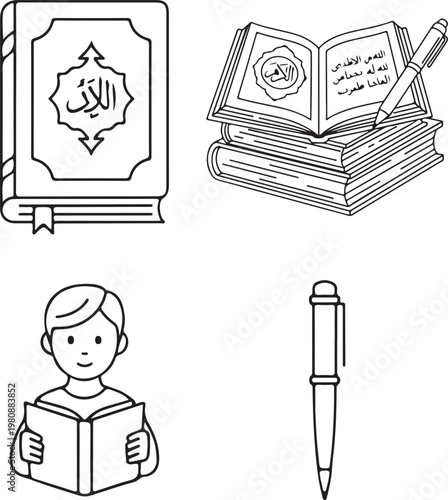 Islamic education line art set, holy Quran book with Arabic calligraphy, student boy reading and writing with pen, religious study vector icons