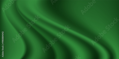 Green drapery silk fabric luxury background. Wavy abstract satin cloth vector texture pattern. Smooth shiny drape material curtain. Elegant velvet curve motion image realistic horizontal design. Eps10
