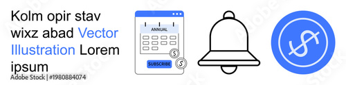 Payment notifications, financial planning, subscription services, online payments, reminders, monetary symbols. Calendar with a subscribe button, notification bell and dollar icon. Payment