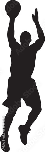 Dynamic black silhouette vector of basketball player in mid-air performing dunk or layup, symbolizing athleticism, energy, motion, and sports action in modern iconic design.