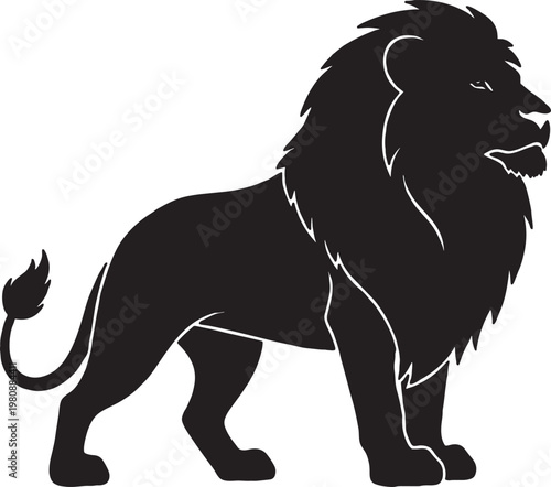 Stylized black silhouette vector of lion standing with detailed mane, muscular body, and raised head, symbolizing strength, courage, power, and majesty in bold modern iconic design.