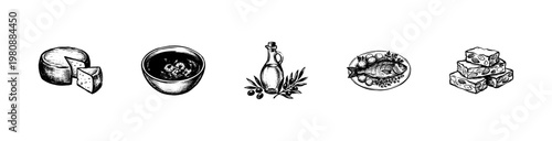 Spanish Cuisine Gastronomy and Mediterranean Food Ingredients with Hand-Drawn Inky Brush Strokes