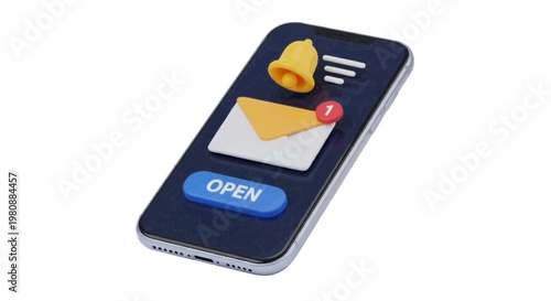 Vector illustration of 3d render of a smartphone with notification bell and email message icon on a transparent background