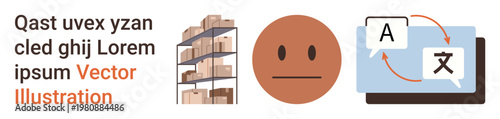 Logistics, emotion, translation, storage management, language tools, global business. Shelves with boxes, neutral face translation interface with text. Logistics and translation visually