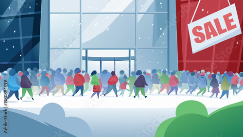 Black Friday Store Rush Scene Vector Illustration