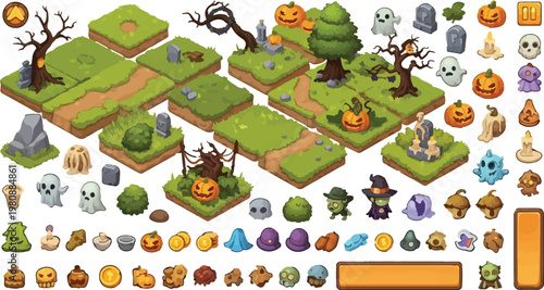 Isometric Halloween game assets, spooky graveyard tile set with pumpkins and ghosts. Cartoon cemetery map constructor, 2D mobile game environment kit.