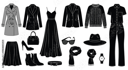 A collection of stylish clothing and accessories including coats dresses and shoes presented as a stark silhouette high quality professional detailed