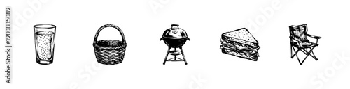 Outdoor Picnic and Summer Barbecue Essentials with Hand-Drawn Inky Doodle and Loose Freehand Sketch Aesthetic