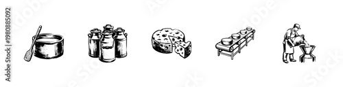 Dairy Farm and Cheese Production Industry Elements with Inky Doodle and Hand-Drawn Sketchy Style