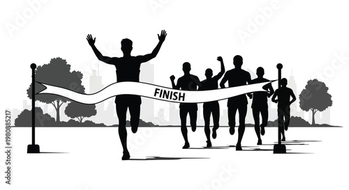 A victorious runner crosses a finish line arms raised in celebration with fellow racers following behind silhouette high quality professional detailed