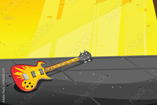 Broken Guitar on Stage Scene Vector Illustration