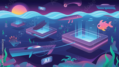 Underwater digital landscape with glowing data platforms, robotic fish, and AI text labels in neon