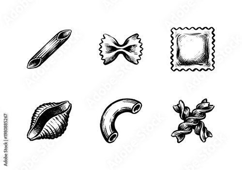 Italian Pasta Varieties and Dried Macaroni Shapes with Fluid Engraving Style in Hand-Drawn Sketchy Style