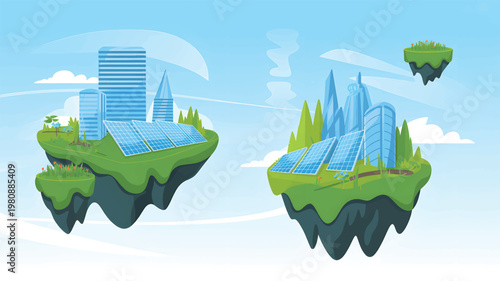 Two floating islands with blue skyscrapers, solar panel arrays, green grass, and small wildflowers