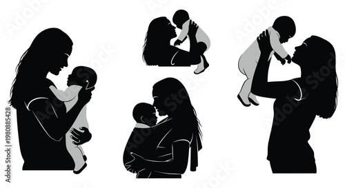 A collection of maternal silhouettes depicts mothers lovingly interacting with their babies showcasing tender moments of affection silhouette high quality