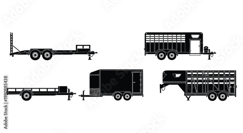 Detailed outlines of various utility and animal transport trailers shown in a flat black silhouette high quality professional detailed modern elegant