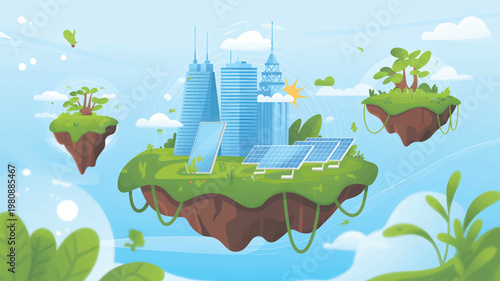 Floating islands with blue skyscrapers, solar panels, and green trees against a light blue sky