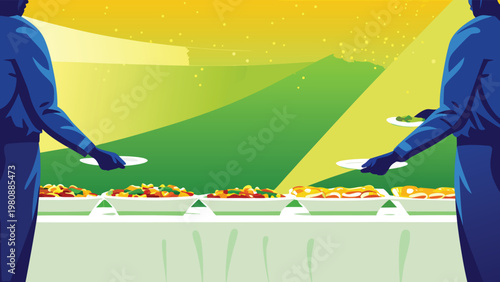 Buffet Guests Serving Themselves Scene Vector Ill